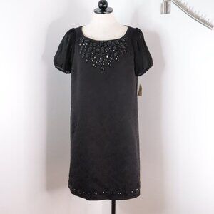 New Kensie Women's L Black Floral Brocade Tapestry Beaded Babydoll Shift Dress